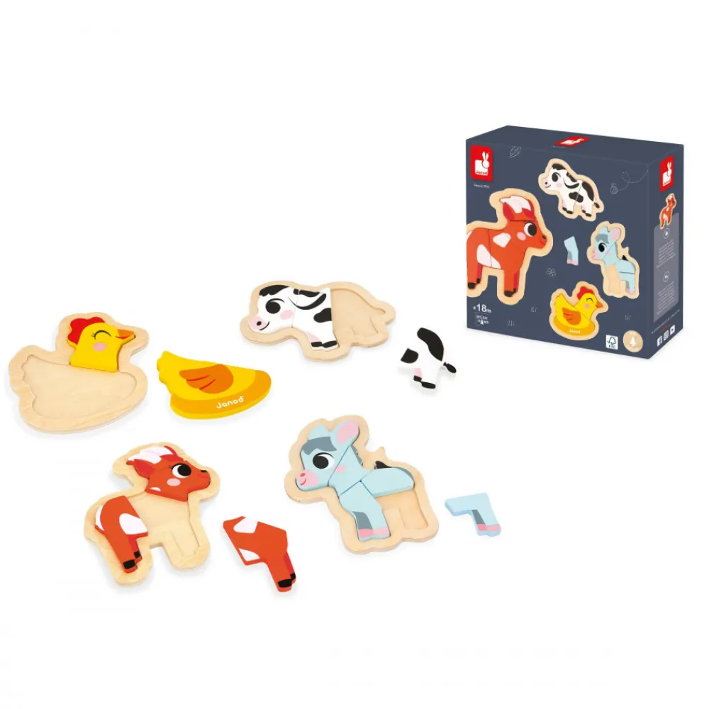 Janod Tracteurs & Animaux De La Ferme|Puzzles En Bois Premier Âge*4 Puzzles Evolutifs Ferme