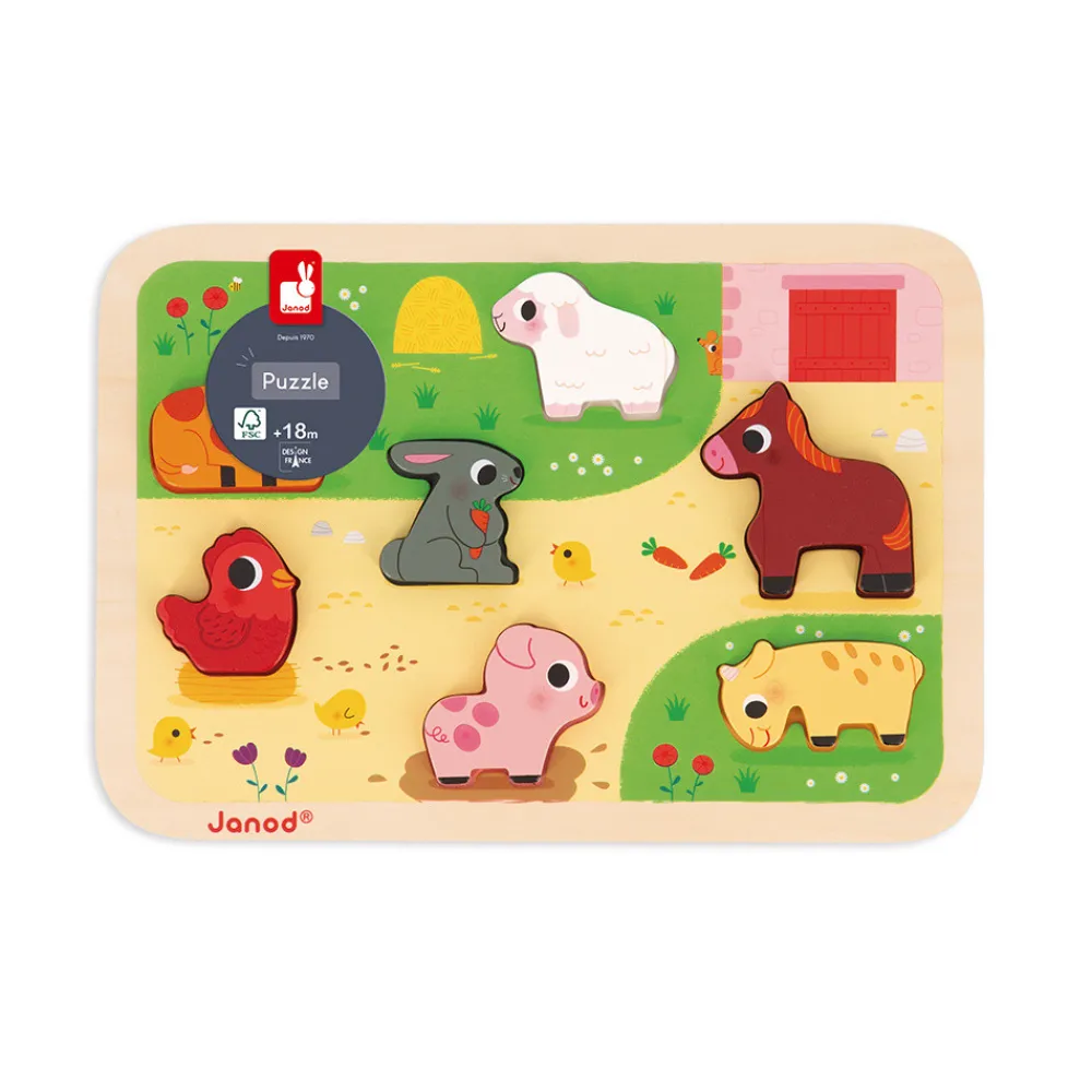 Janod Tracteurs & Animaux De La Ferme|Puzzles En Bois Premier Âge*Chunky Puzzle Ferme 7 pièces