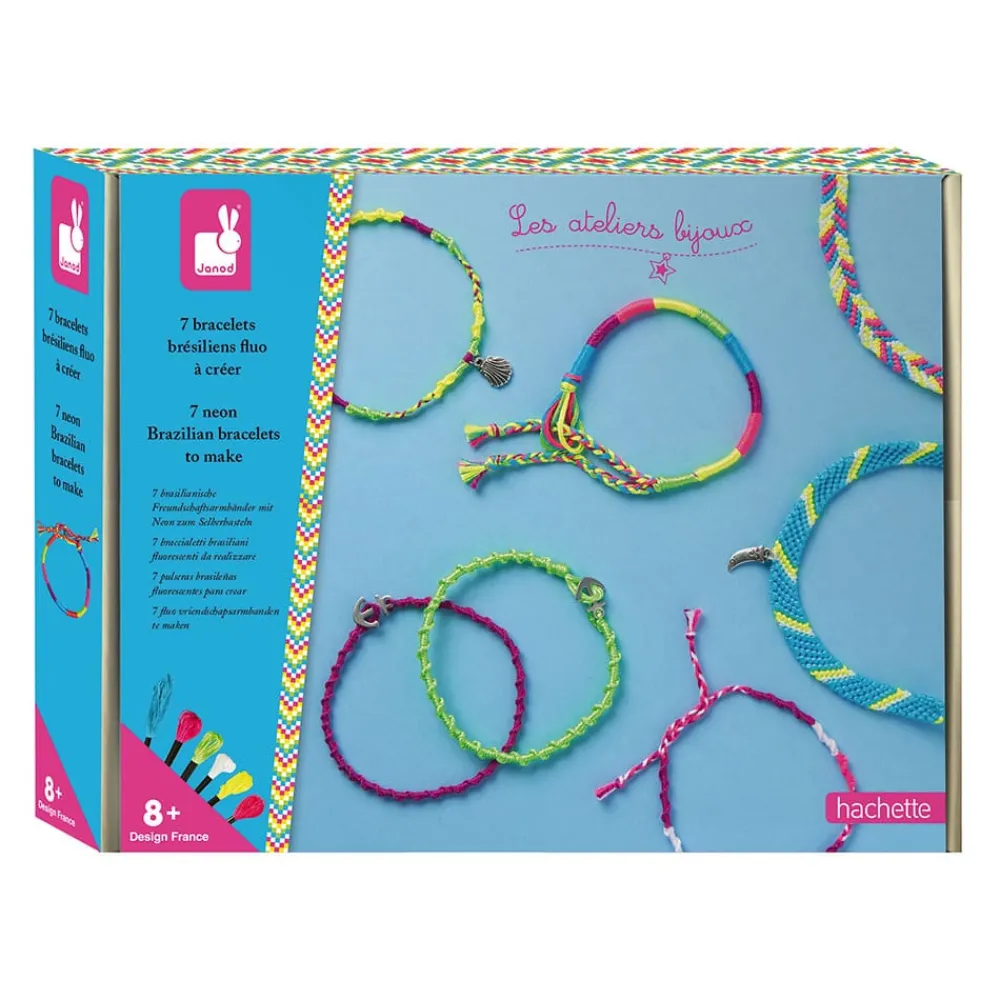 Janod Collection "Les Ateliers Bijoux" & Les Perles*Kit Créatif - 7 Bracelets Brésiliens Fluo à Créer