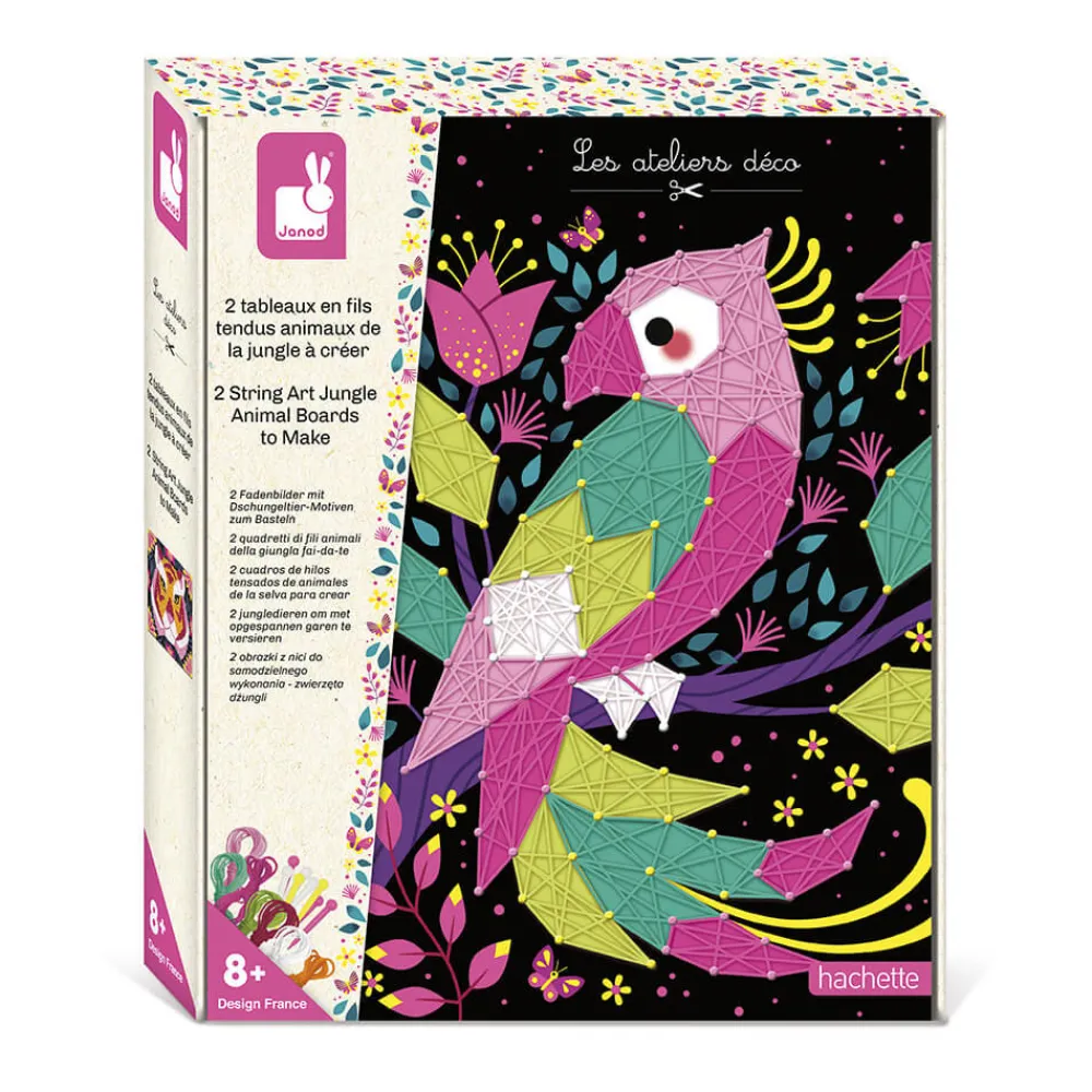Janod Créations 3D|Crochet, Tricot & Laçage*Kit Créatif - Coffret 2 Tableaux Fils Tendus Animaux de la Jungle à Créer
