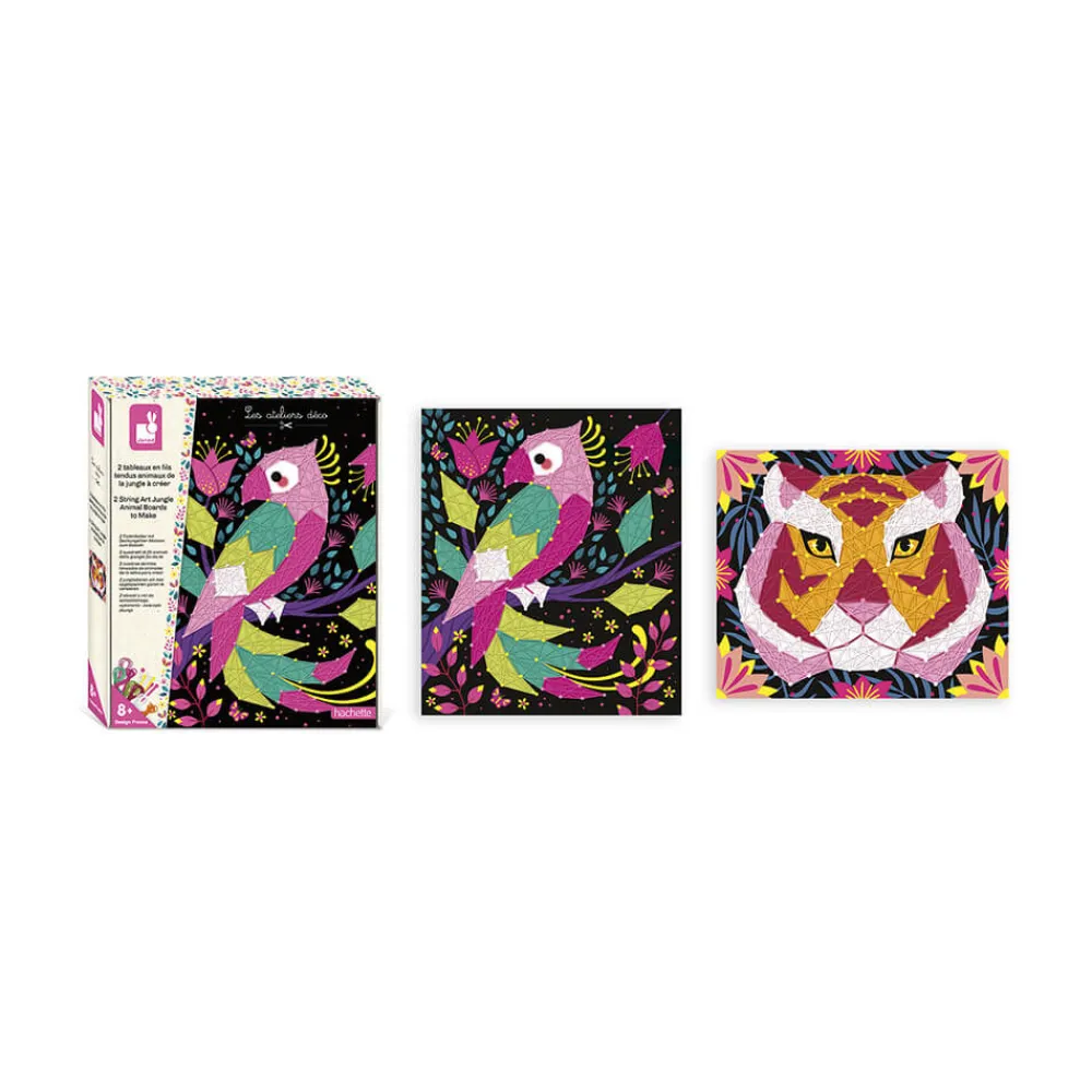 Janod Créations 3D|Crochet, Tricot & Laçage*Kit Créatif - Coffret 2 Tableaux Fils Tendus Animaux de la Jungle à Créer