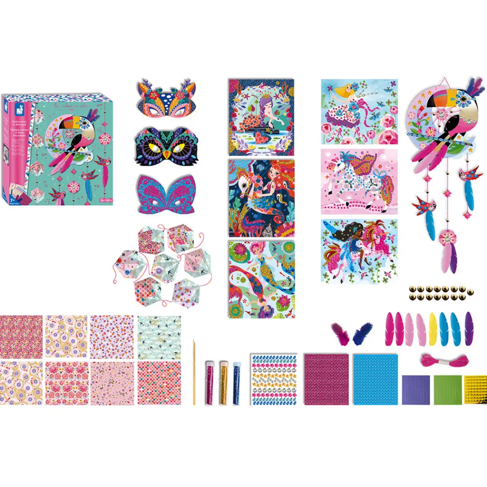 Janod Créations 3D|Sable, Paillettes, Dorure & Strass*Kit Créatif - Coffret Multi-Activités 11 Décos Girly