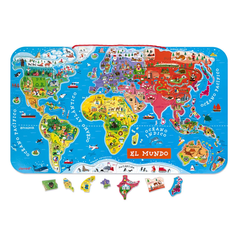 Janod Jeux Éducatifs Primaire|Jeux Éducatifs Science & Géographie*Puzzle Carte Monde Magnétique 92 pièces Espagnol