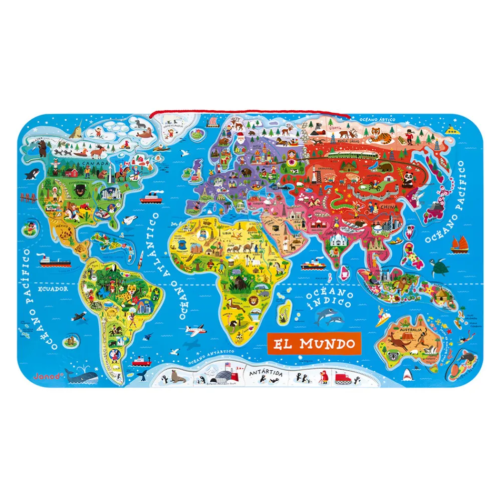 Janod Jeux Éducatifs Primaire|Jeux Éducatifs Science & Géographie*Puzzle Carte Monde Magnétique 92 pièces Espagnol