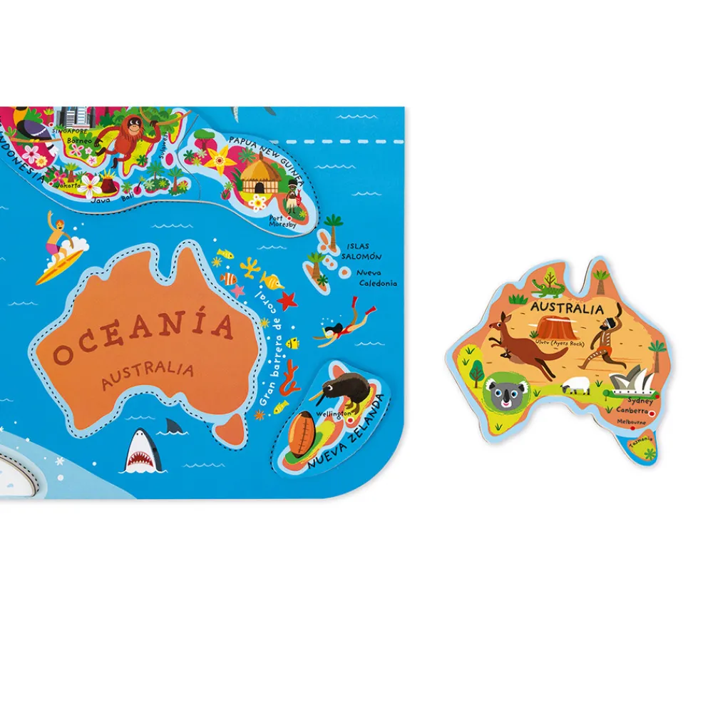 Janod Jeux Éducatifs Primaire|Jeux Éducatifs Science & Géographie*Puzzle Carte Monde Magnétique 92 pièces Espagnol