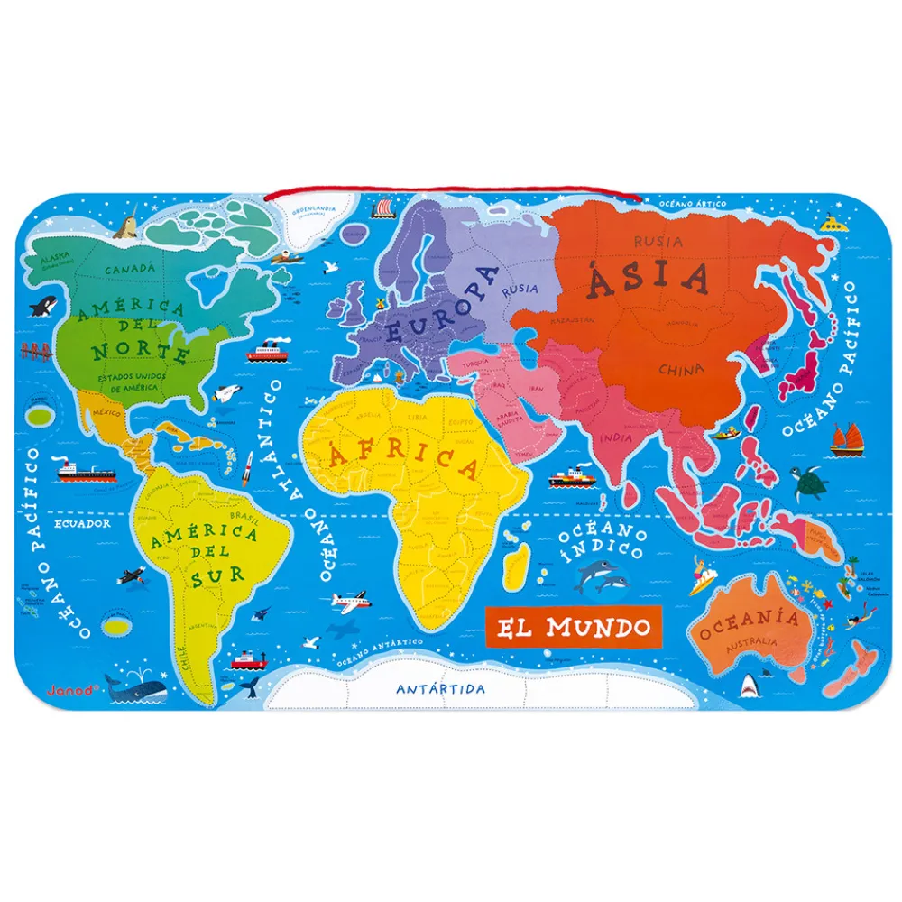 Janod Jeux Éducatifs Primaire|Jeux Éducatifs Science & Géographie*Puzzle Carte Monde Magnétique 92 pièces Espagnol
