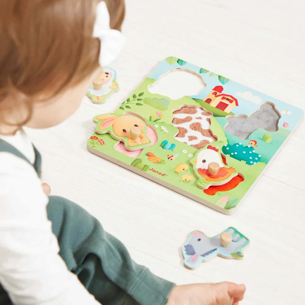Janod Tracteurs & Animaux De La Ferme|Puzzles En Bois Premier Âge*Puzzle tactile Ferme 5 pièces