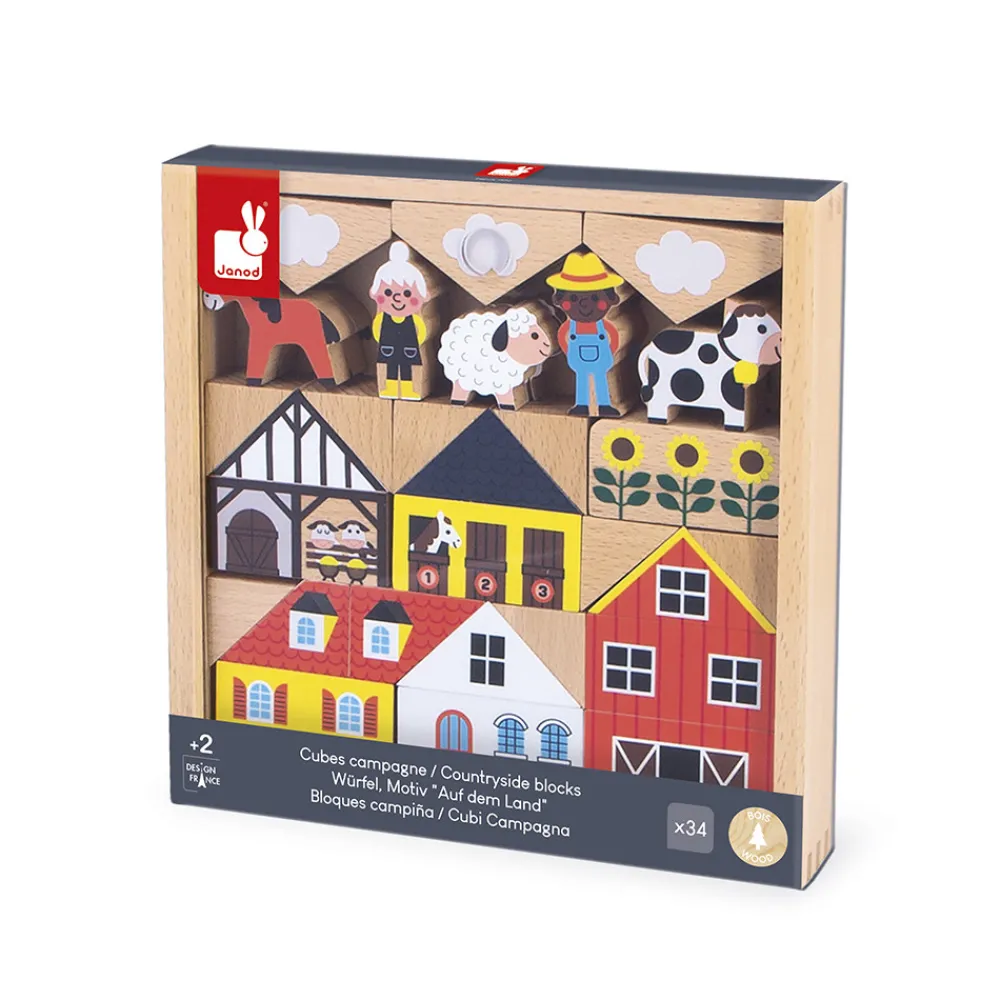 Janod Jeux De Construction|Tracteurs & Animaux De La Ferme*Set de 34 cubes en bois Campagne - Cross Roads